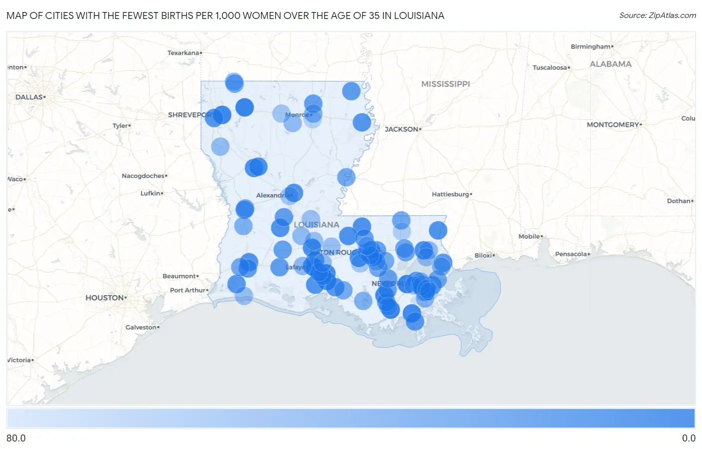 Cities with the Fewest Births per 1,000 Women Over the Age of 35 in Louisiana Map