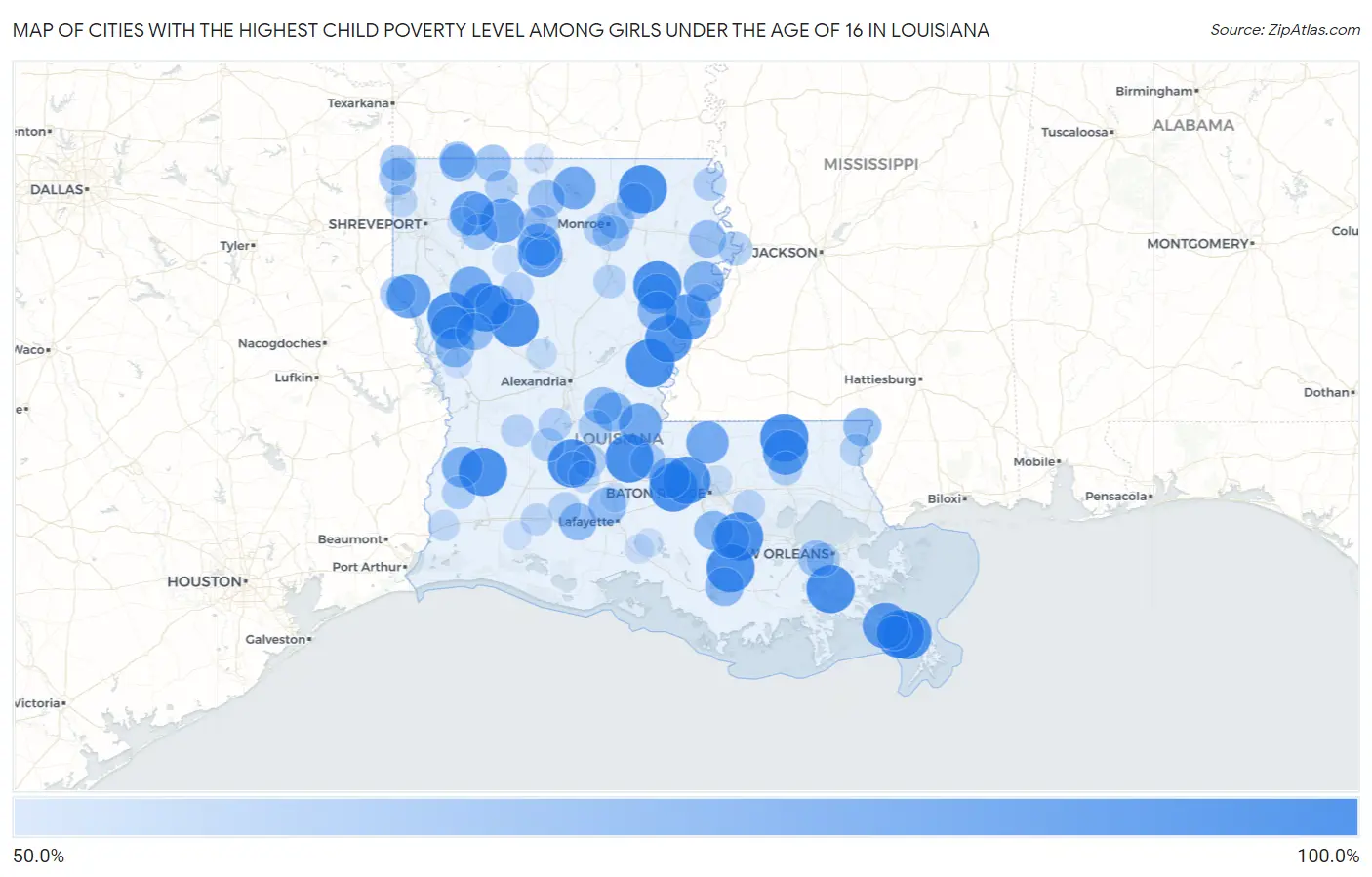 Cities with the Highest Child Poverty Level Among Girls Under the Age of 16 in Louisiana Map