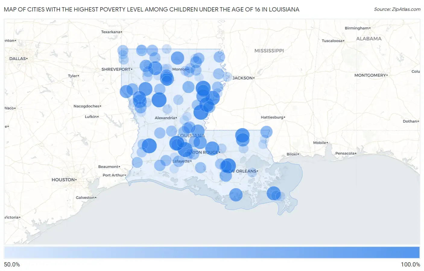 Cities with the Highest Poverty Level Among Children Under the Age of 16 in Louisiana Map