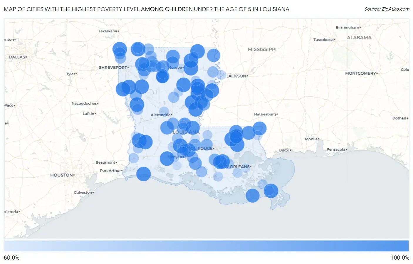 Cities with the Highest Poverty Level Among Children Under the Age of 5 in Louisiana Map