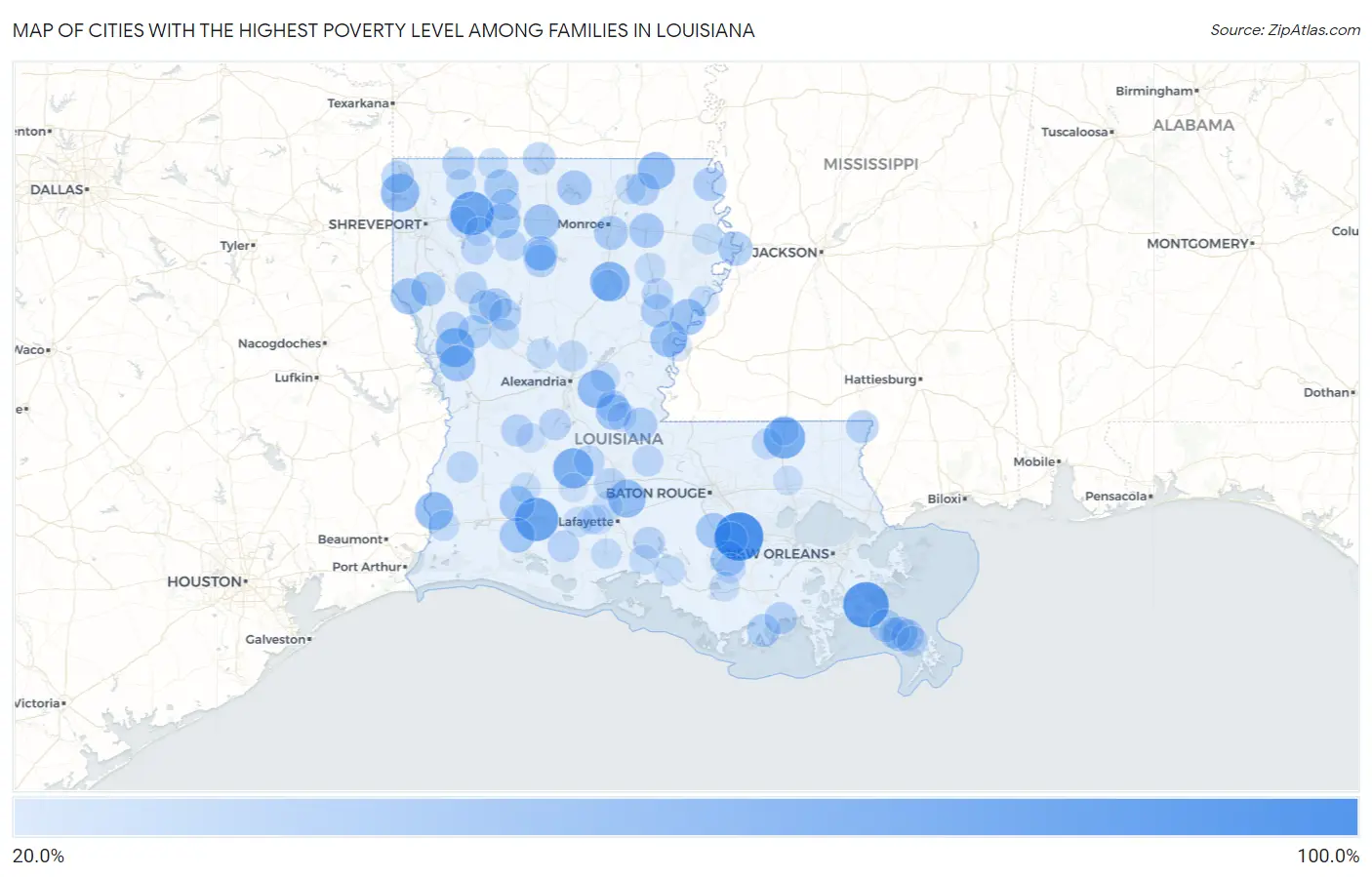 Cities with the Highest Poverty Level Among Families in Louisiana Map