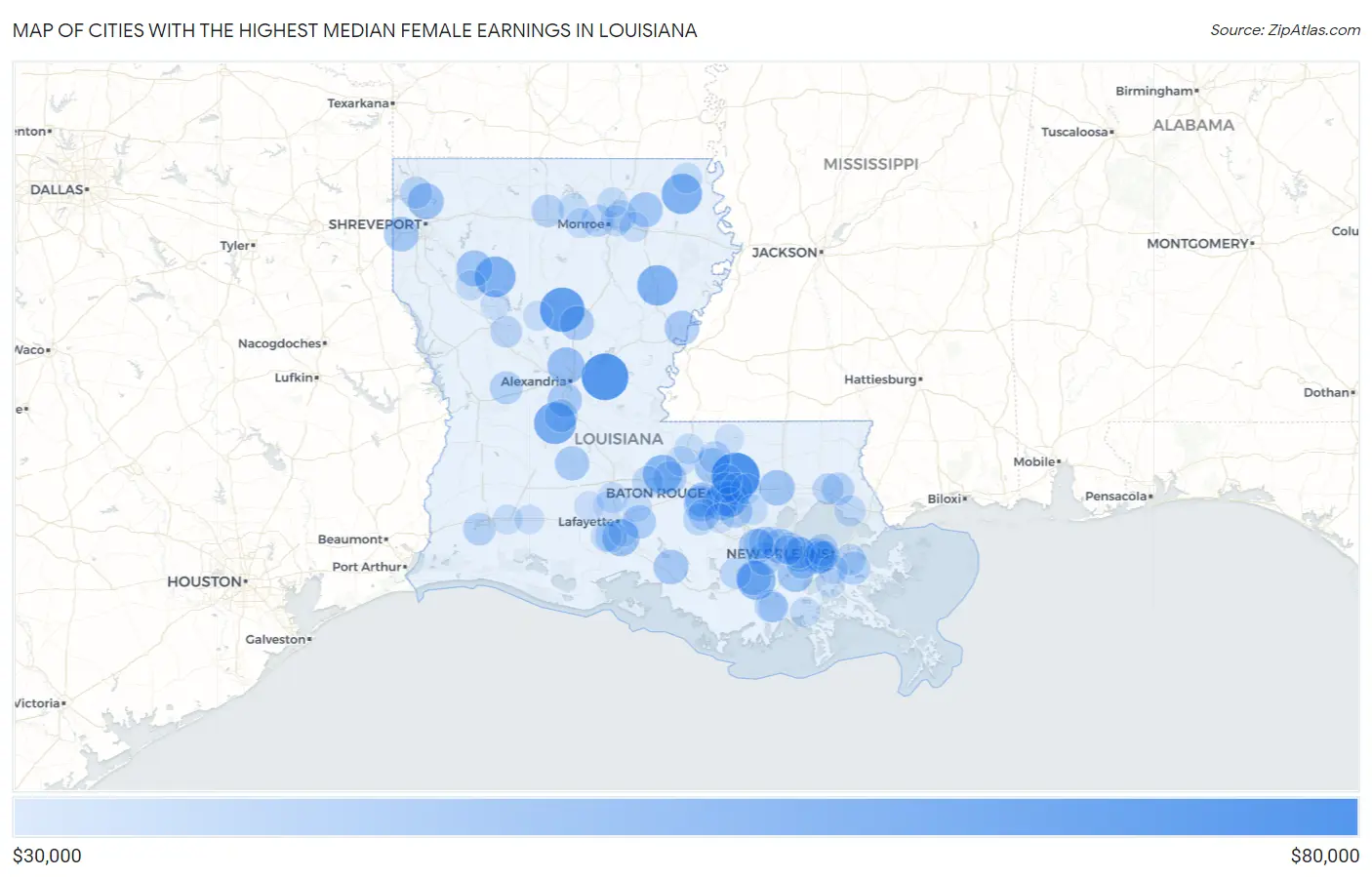 Cities with the Highest Median Female Earnings in Louisiana Map