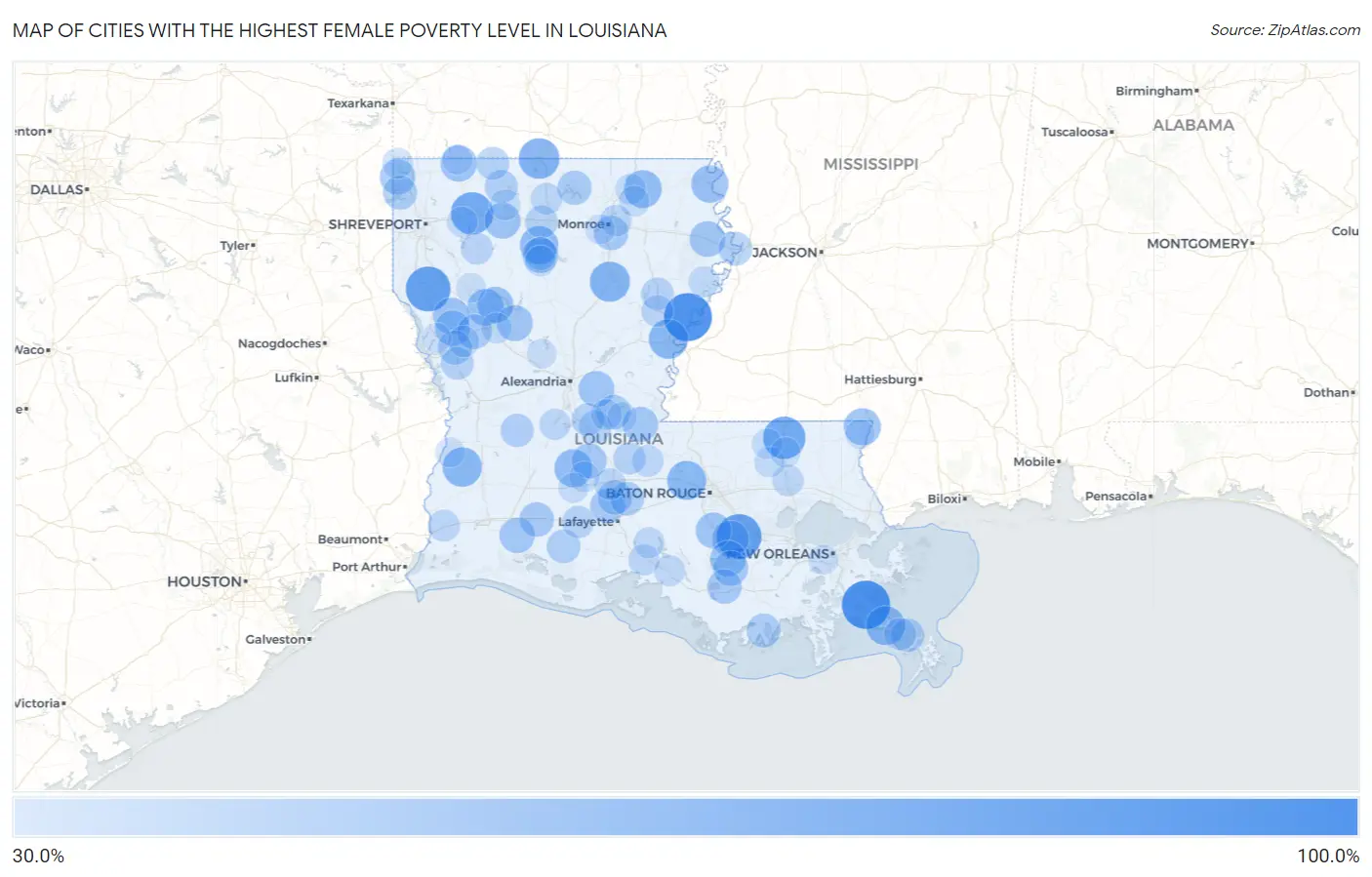 Cities with the Highest Female Poverty Level in Louisiana Map