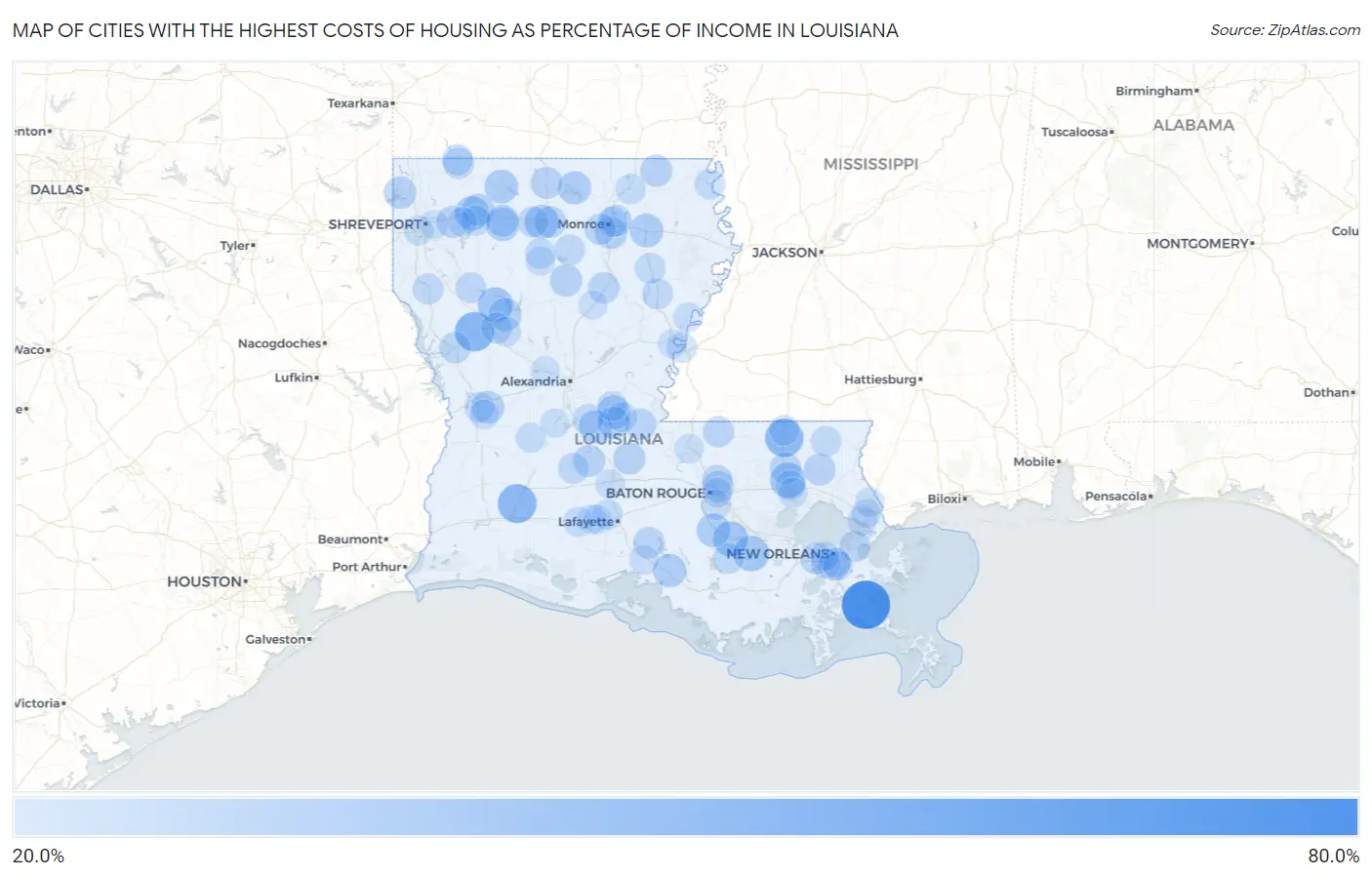 Cities with the Highest Costs of Housing as Percentage of Income in Louisiana Map