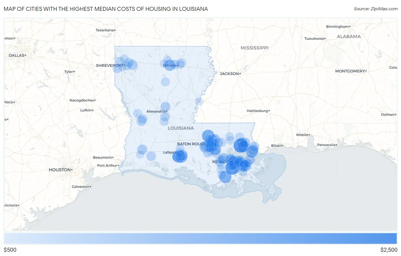 Cities with the Highest Median Costs of Housing in Louisiana Map