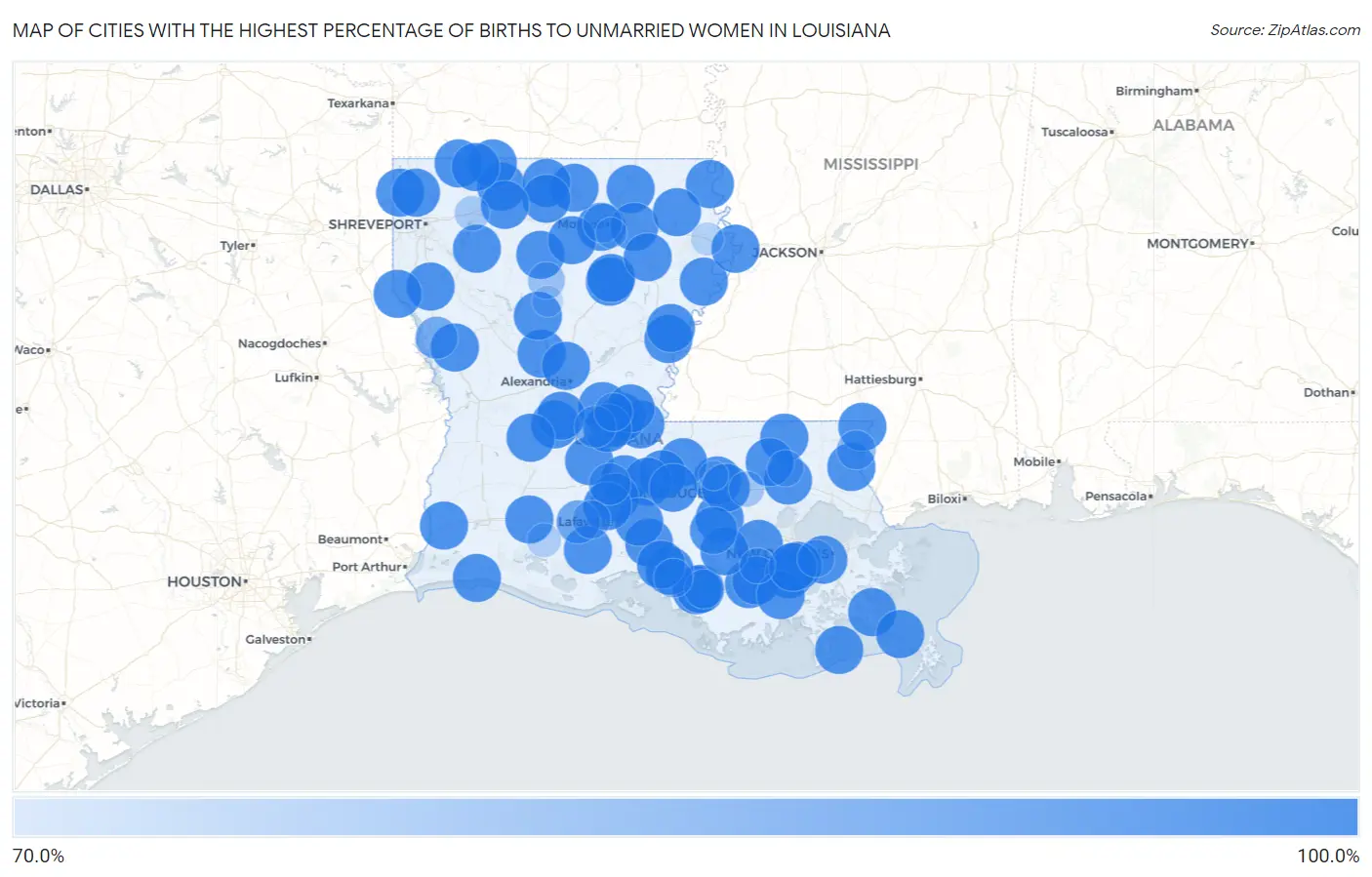 Cities with the Highest Percentage of Births to Unmarried Women in Louisiana Map