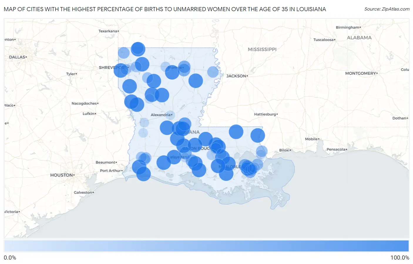 Cities with the Highest Percentage of Births to Unmarried Women over the Age of 35 in Louisiana Map