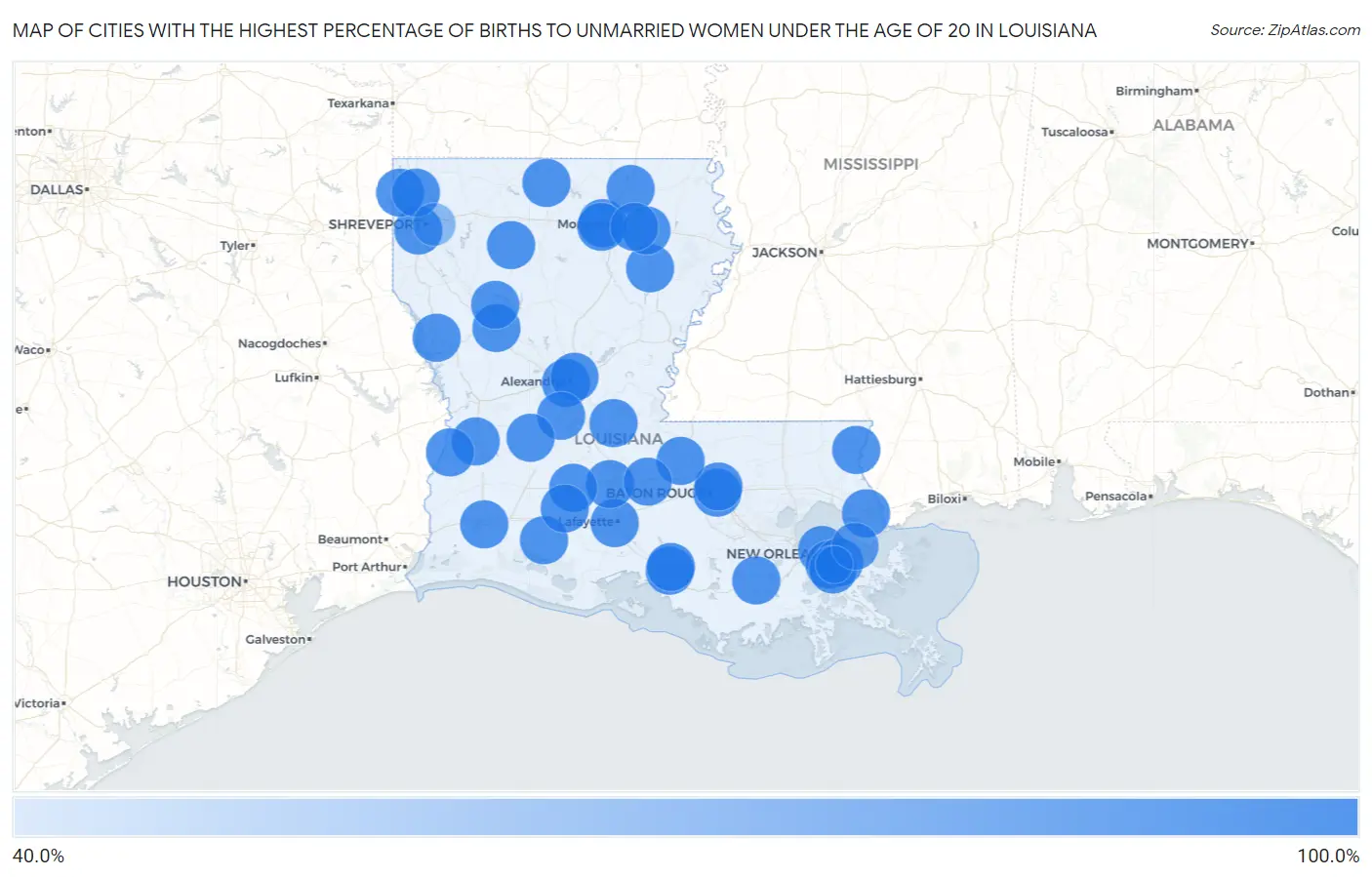 Cities with the Highest Percentage of Births to Unmarried Women under the Age of 20 in Louisiana Map