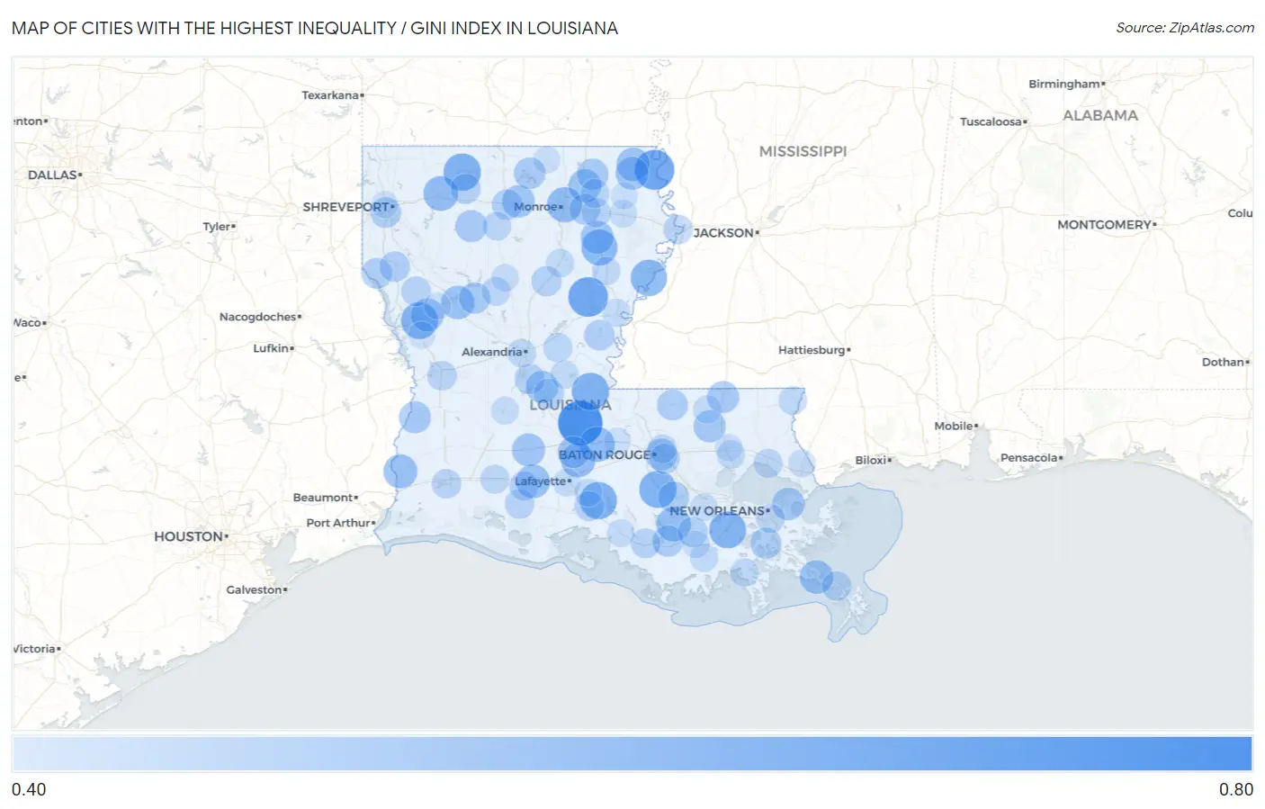 Cities with the Highest Inequality / Gini Index in Louisiana Map
