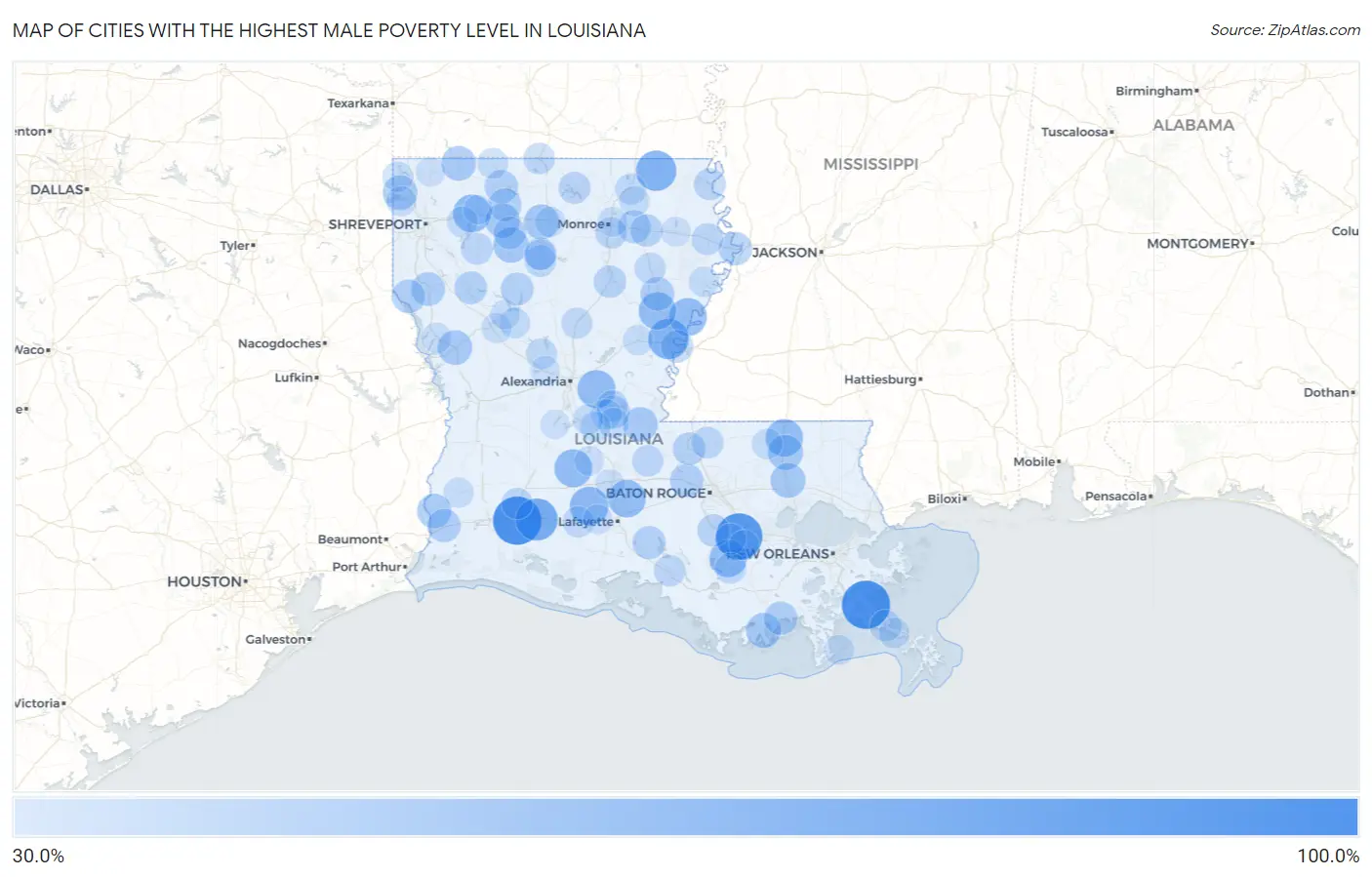 Cities with the Highest Male Poverty Level in Louisiana Map
