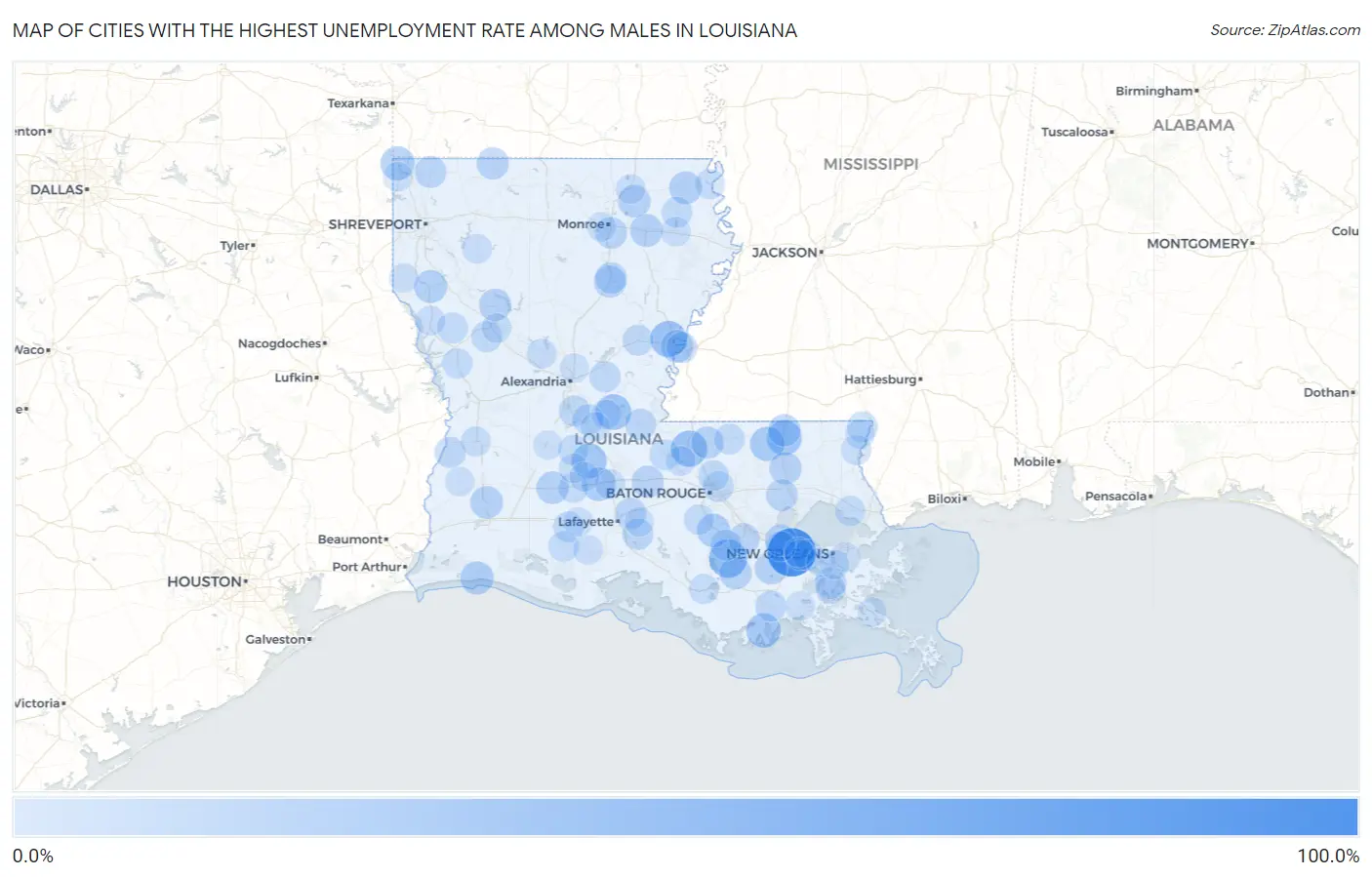 Cities with the Highest Unemployment Rate Among Males in Louisiana Map