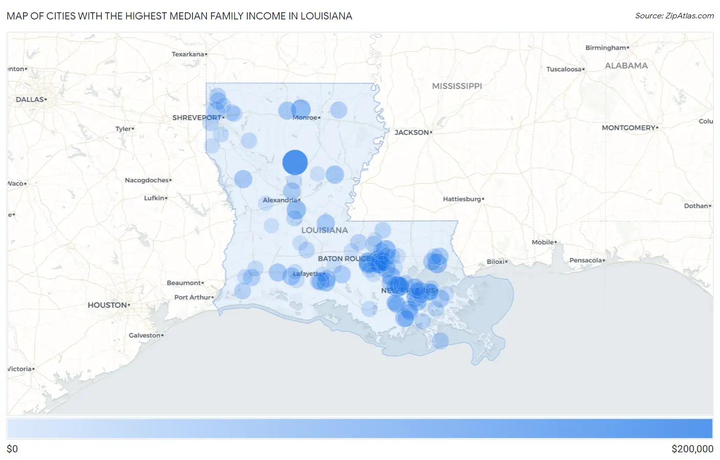 Cities with the Highest Median Family Income in Louisiana Map