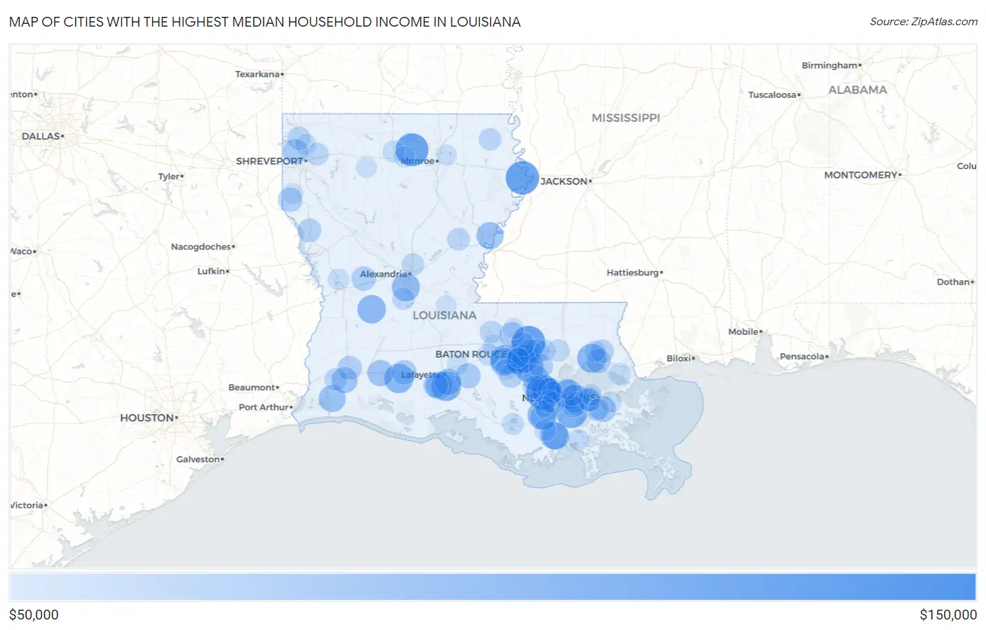 Cities with the Highest Median Household Income in Louisiana Map