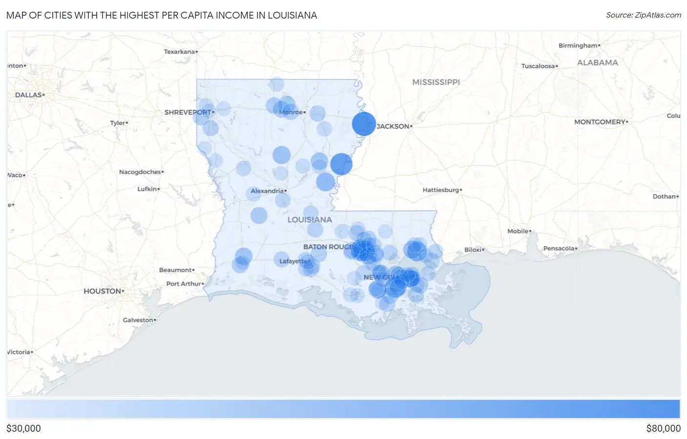 Cities with the Highest Per Capita Income in Louisiana Map