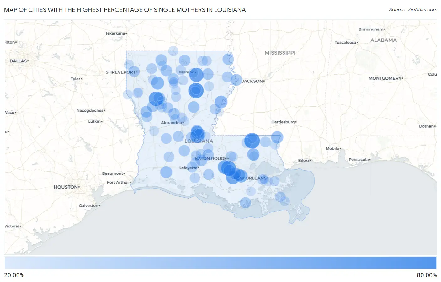 Cities with the Highest Percentage of Single Mothers in Louisiana Map