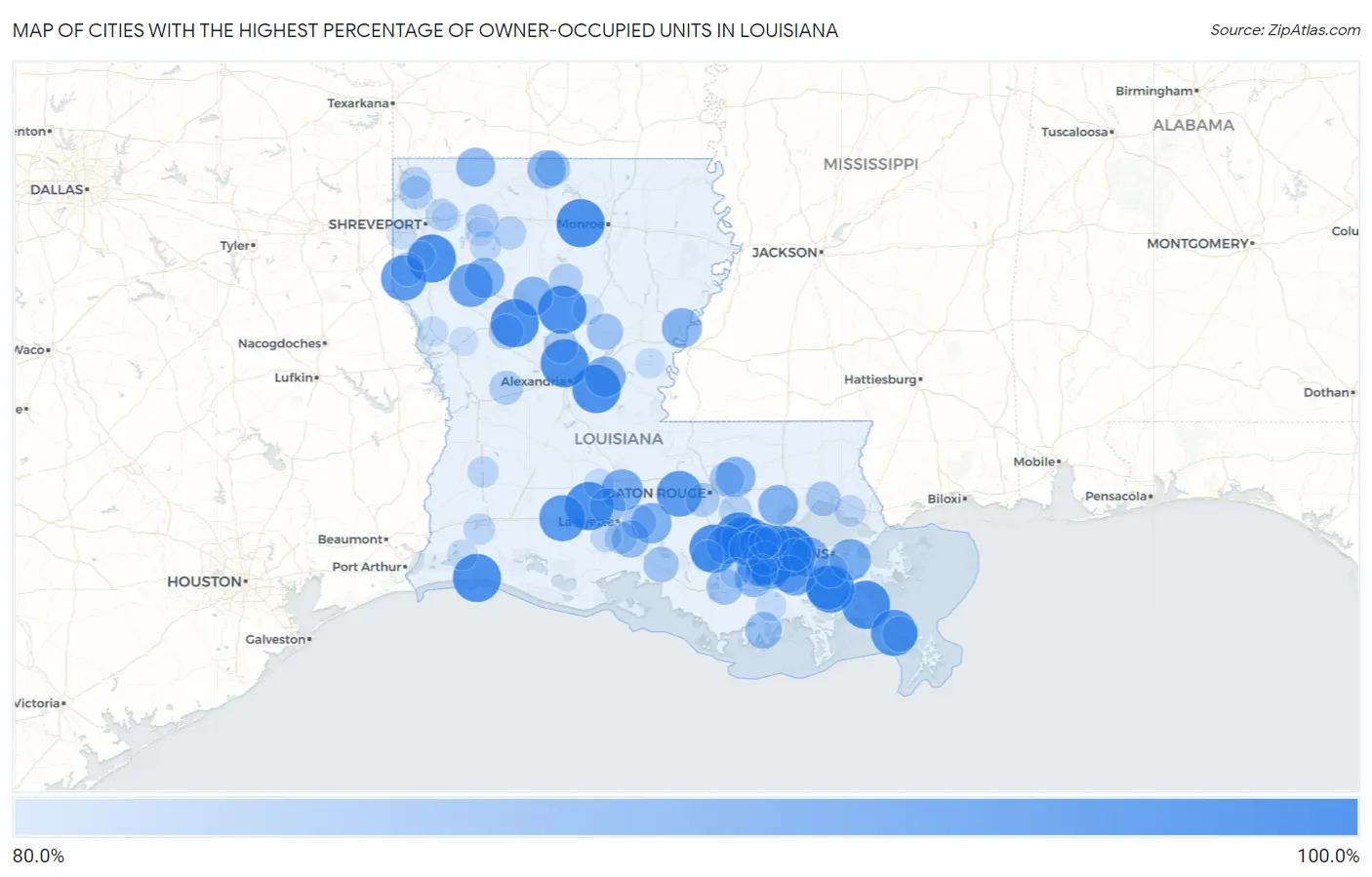Cities with the Highest Percentage of Owner-Occupied Units in Louisiana Map