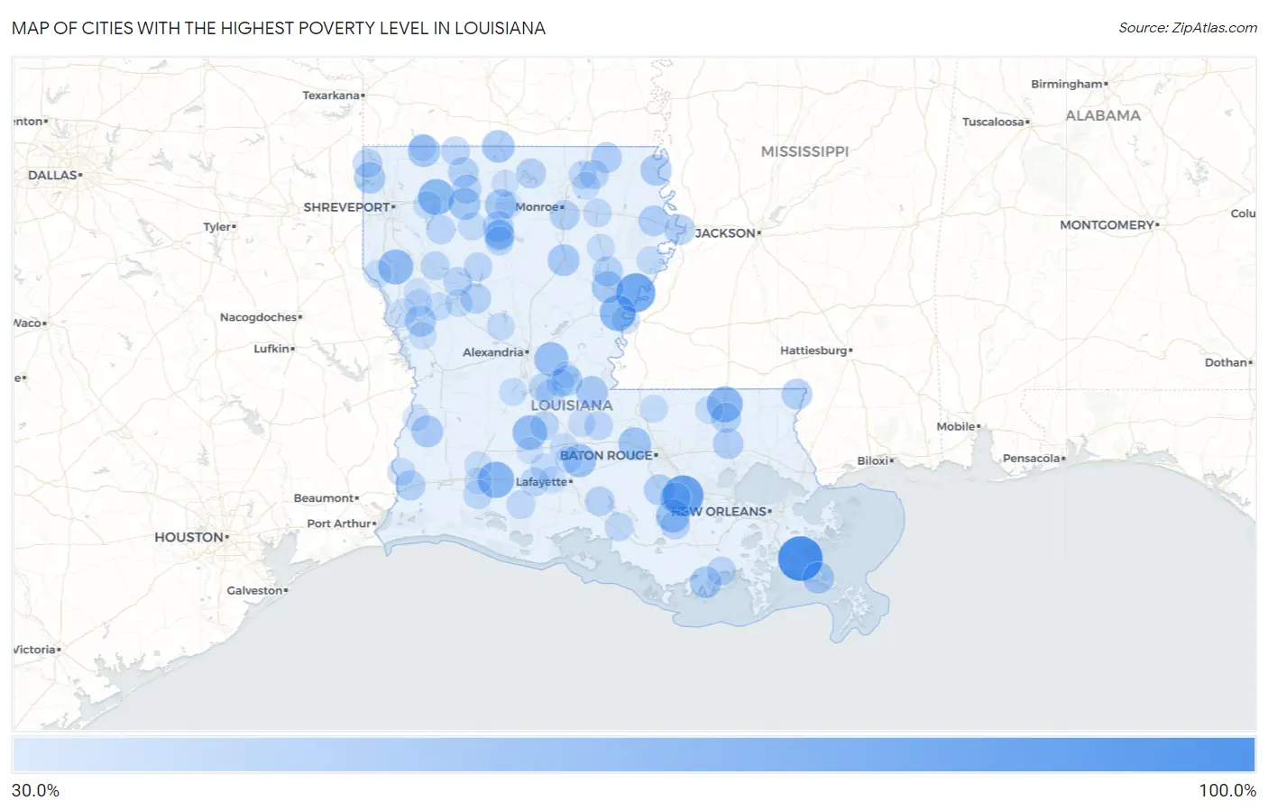 Cities with the Highest Poverty Level in Louisiana Map