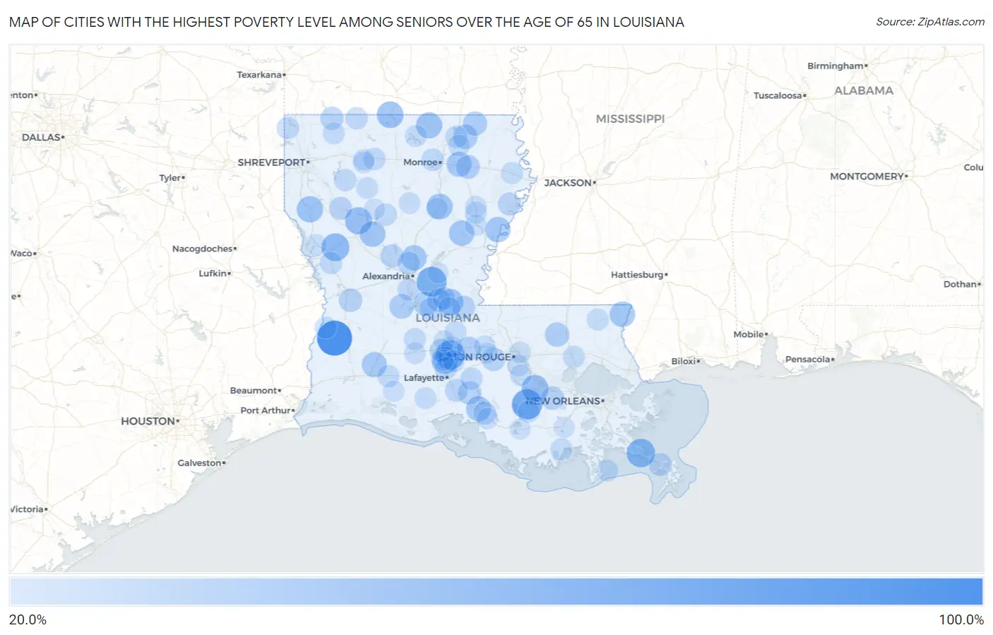 Cities with the Highest Poverty Level Among Seniors Over the Age of 65 in Louisiana Map