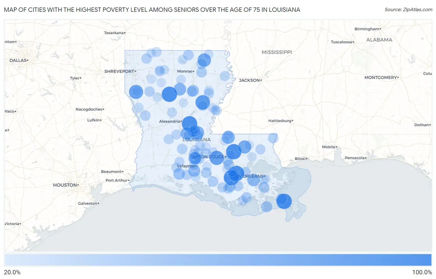 Cities with the Highest Poverty Level Among Seniors Over the Age of 75 in Louisiana Map