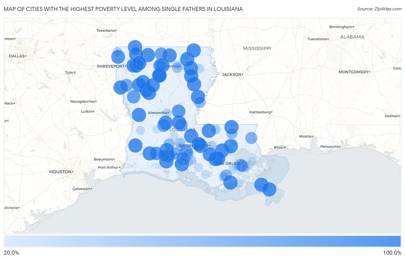 Cities with the Highest Poverty Level Among Single Fathers in Louisiana Map