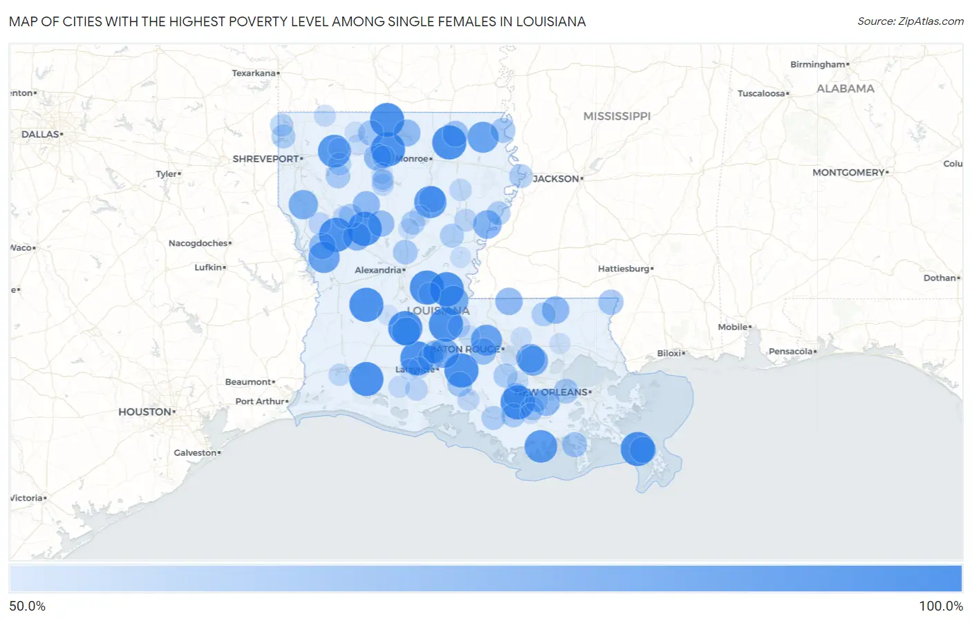 Cities with the Highest Poverty Level Among Single Females in Louisiana Map