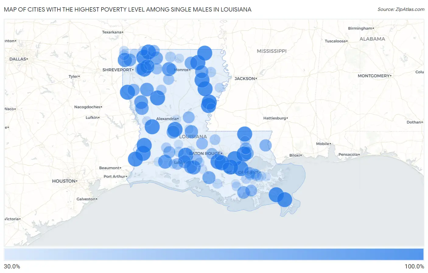 Cities with the Highest Poverty Level Among Single Males in Louisiana Map