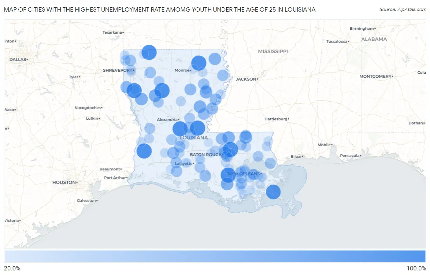 Cities with the Highest Unemployment Rate Amomg Youth Under the Age of 25 in Louisiana Map