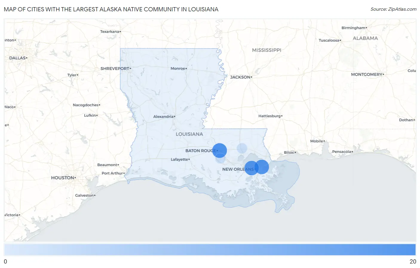Cities with the Largest Alaska Native Community in Louisiana Map