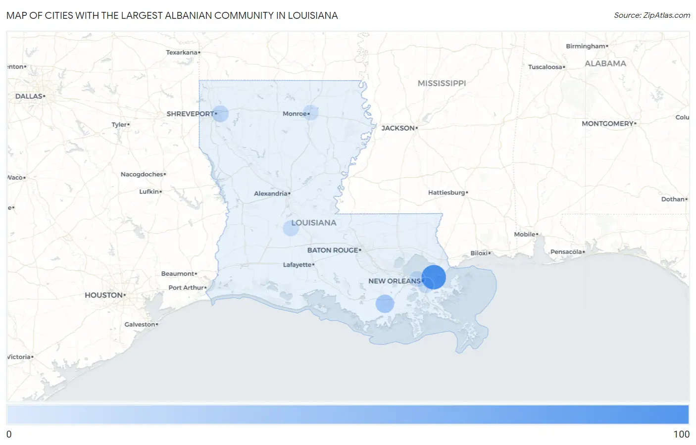 Cities with the Largest Albanian Community in Louisiana Map