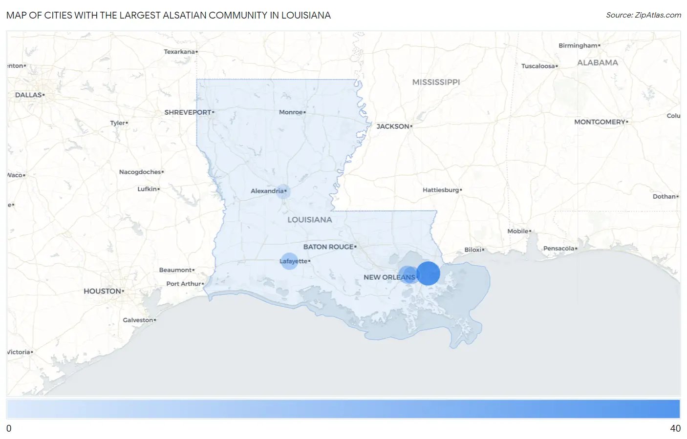Cities with the Largest Alsatian Community in Louisiana Map