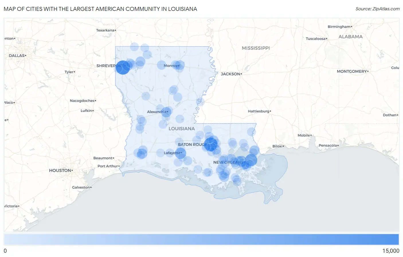 Cities with the Largest American Community in Louisiana Map