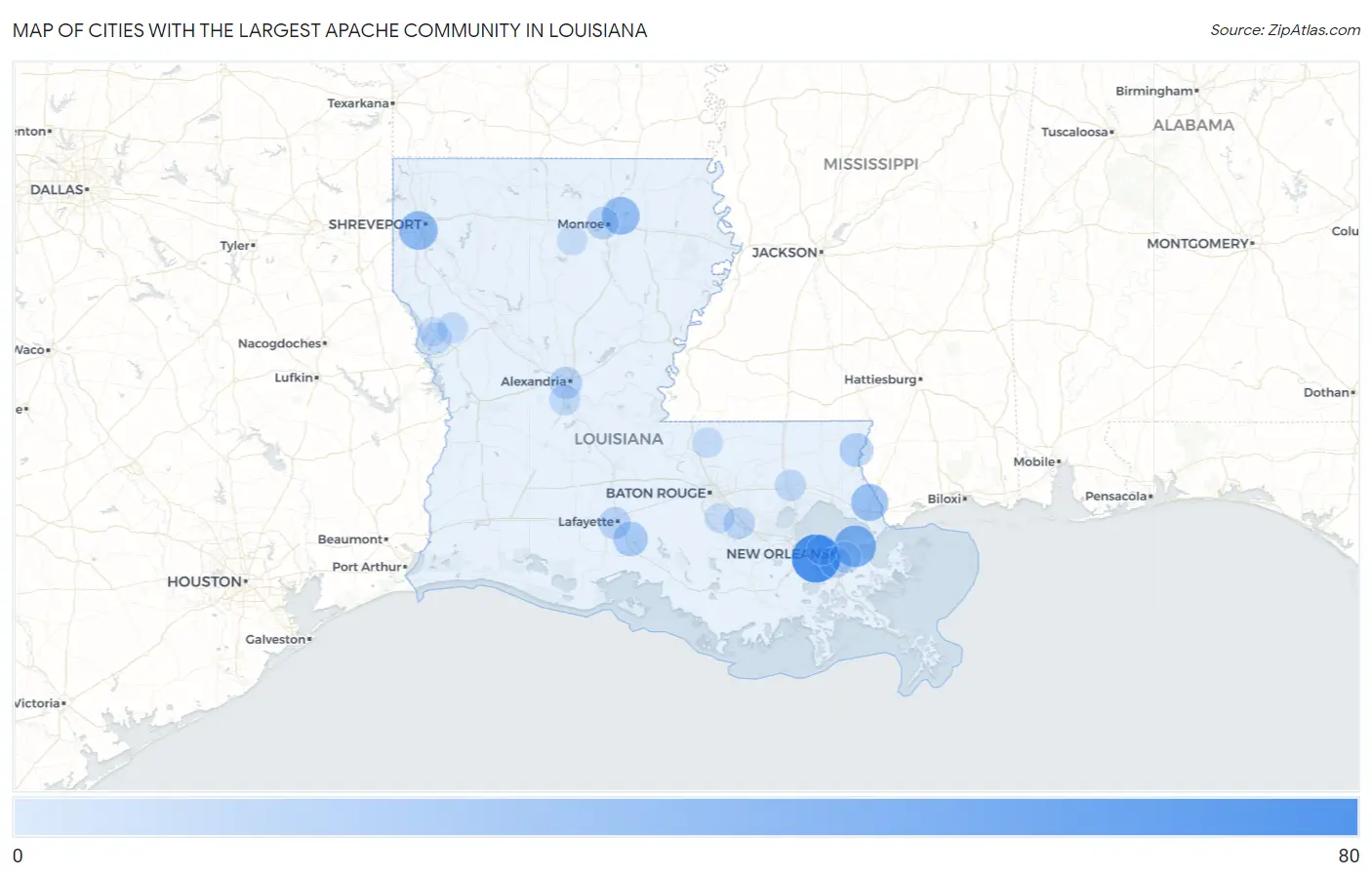 Cities with the Largest Apache Community in Louisiana Map