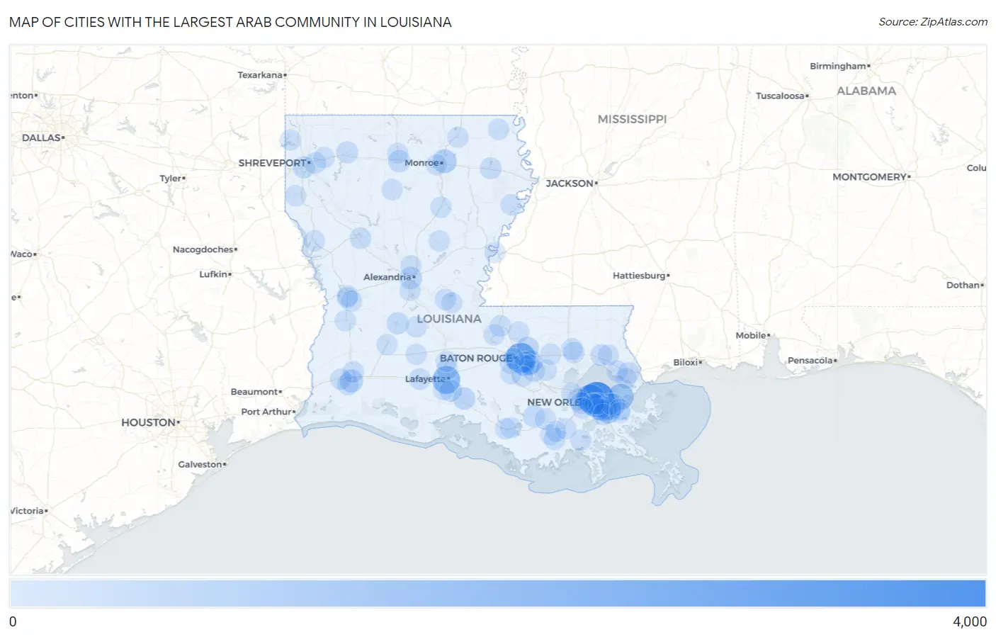 Cities with the Largest Arab Community in Louisiana Map