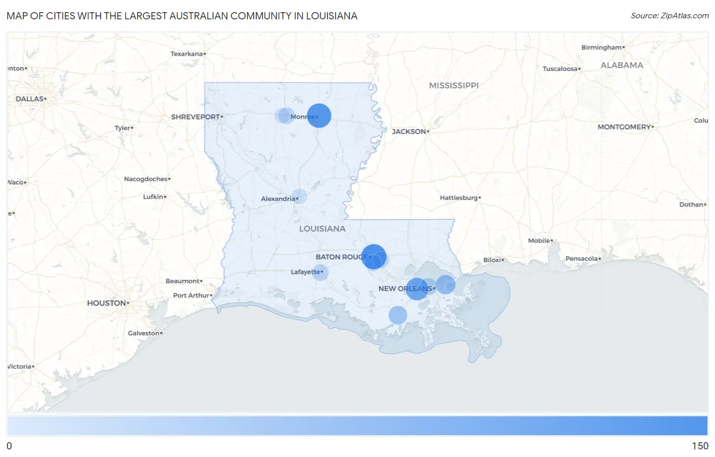 Cities with the Largest Australian Community in Louisiana Map