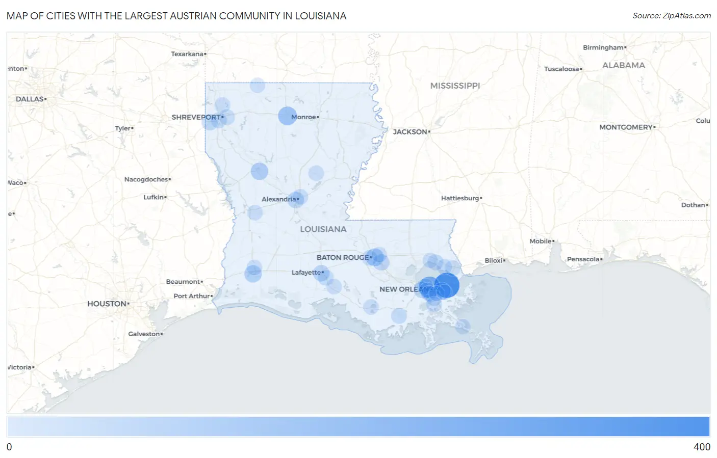 Cities with the Largest Austrian Community in Louisiana Map