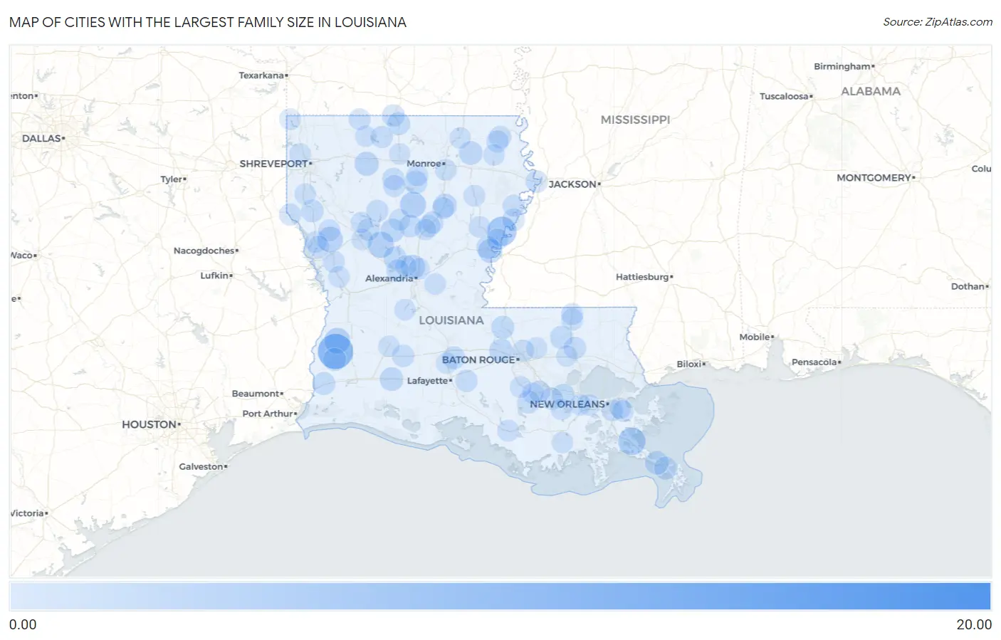 Cities with the Largest Family Size in Louisiana Map