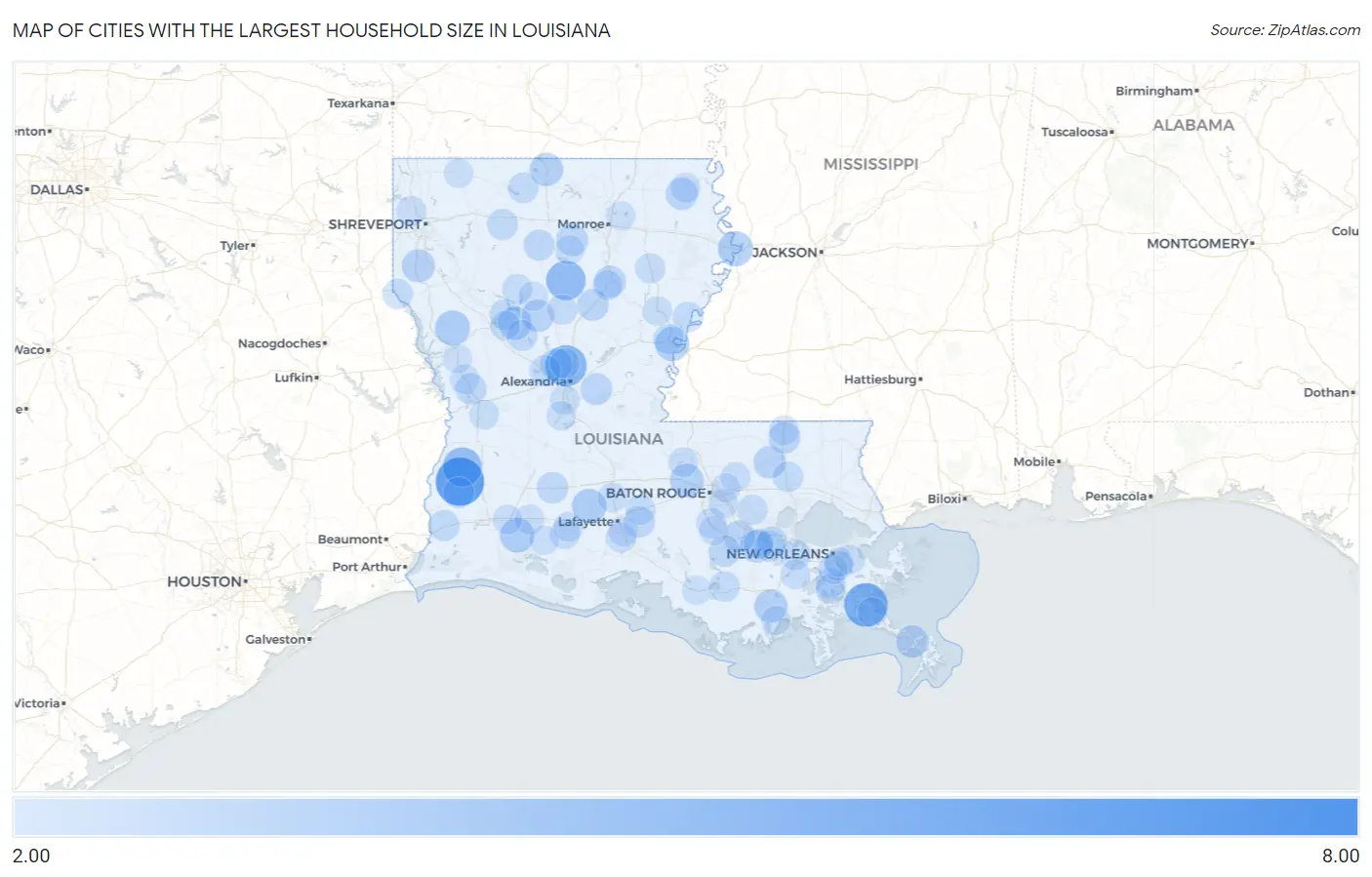 Cities with the Largest Household Size in Louisiana Map