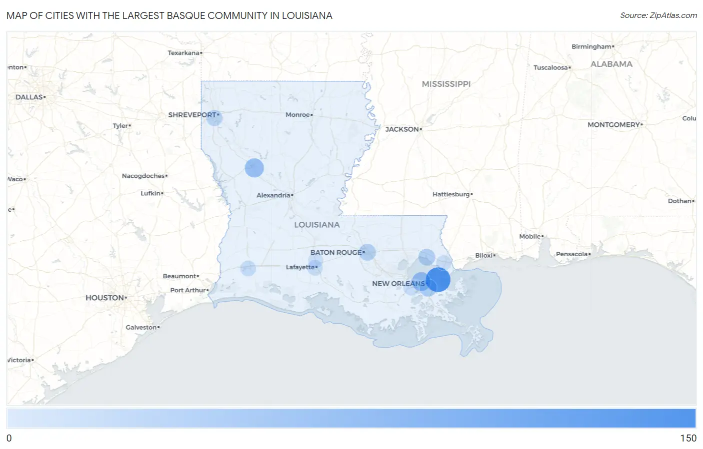 Cities with the Largest Basque Community in Louisiana Map