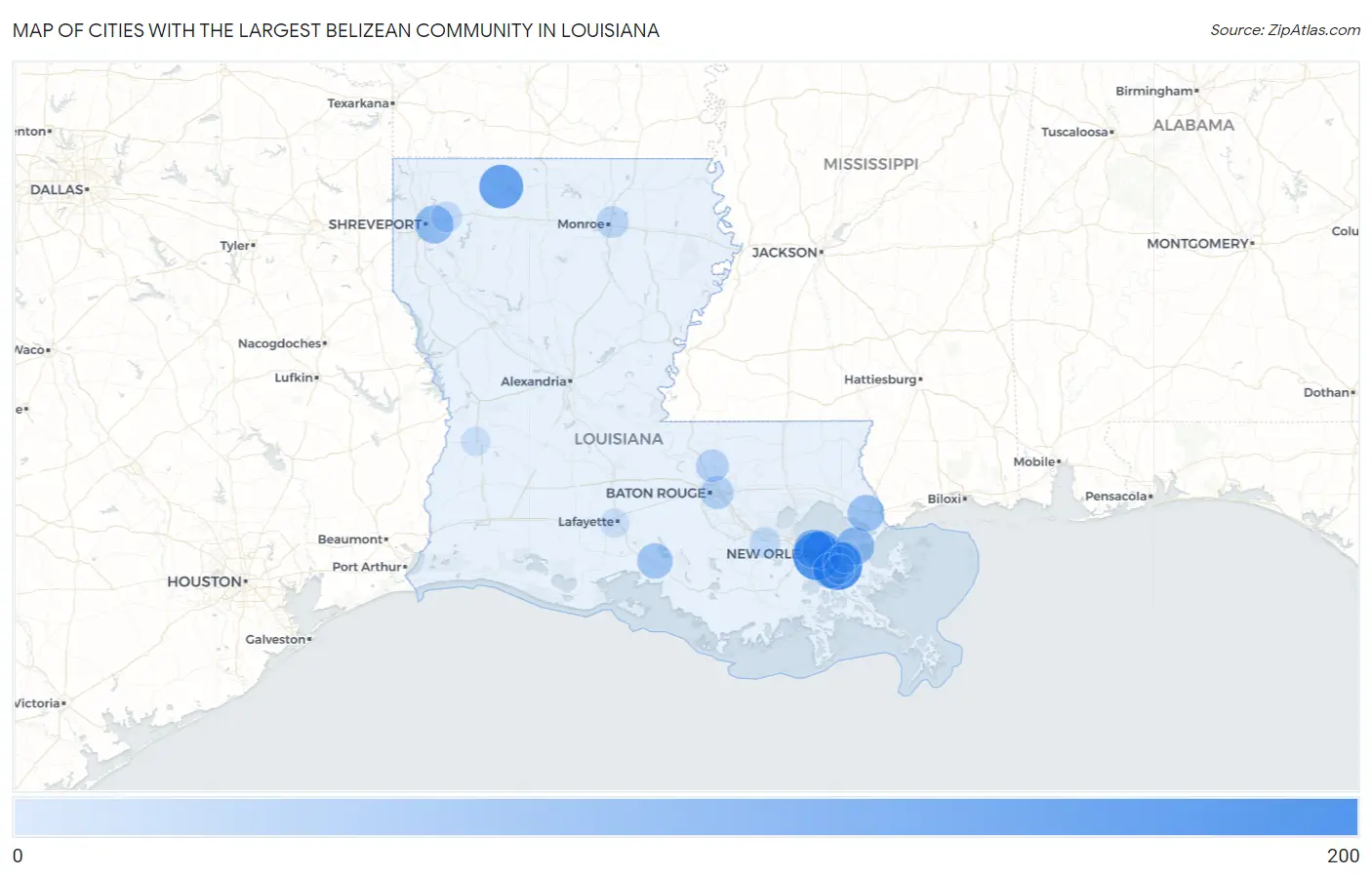 Cities with the Largest Belizean Community in Louisiana Map