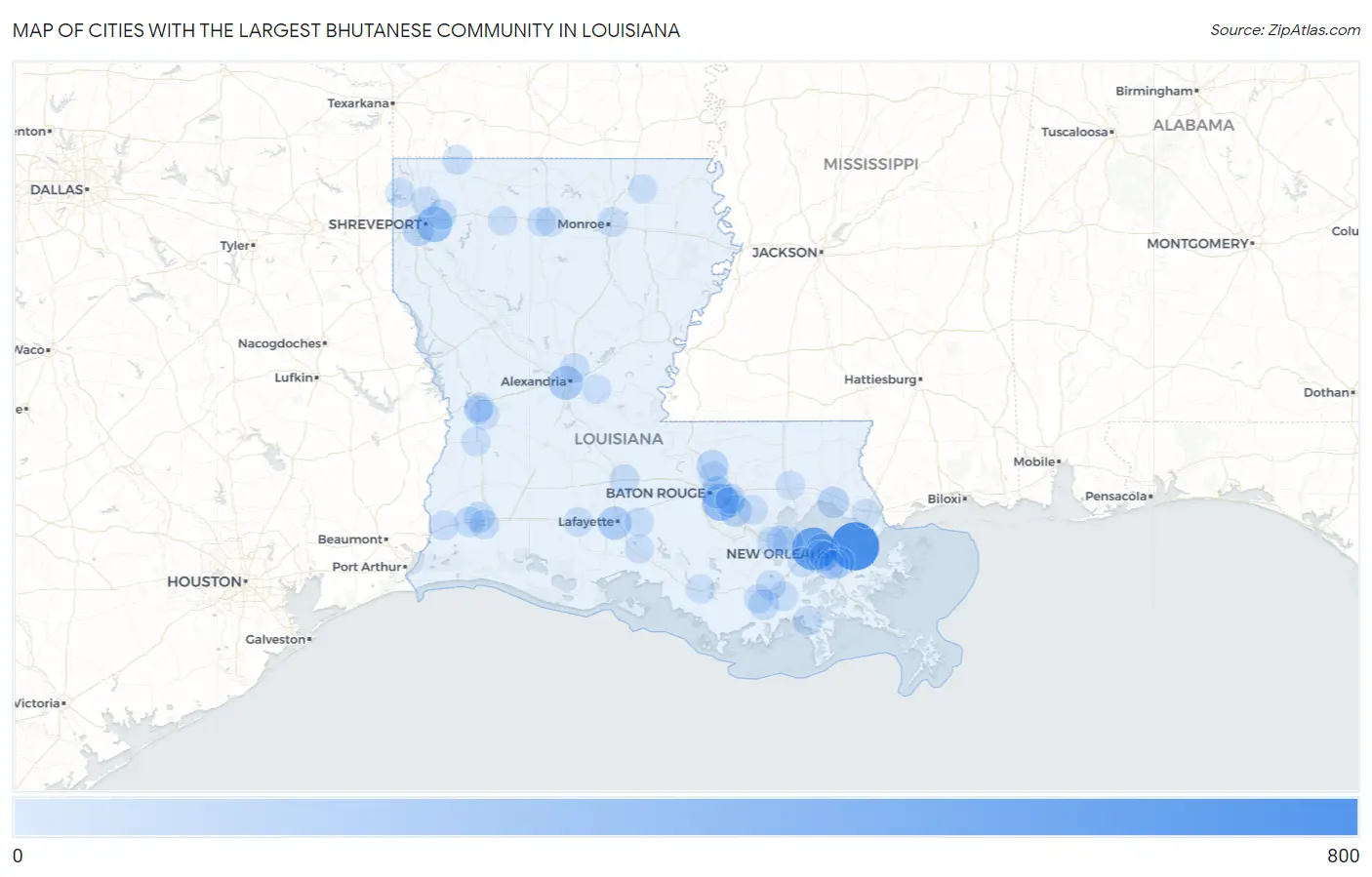 Cities with the Largest Bhutanese Community in Louisiana Map