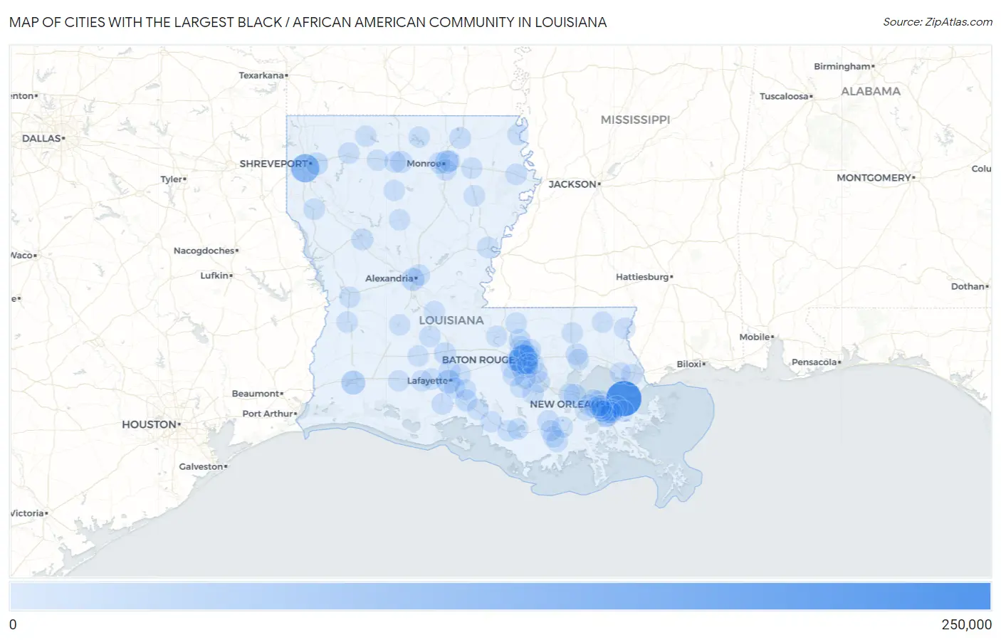 Cities with the Largest Black / African American Community in Louisiana Map