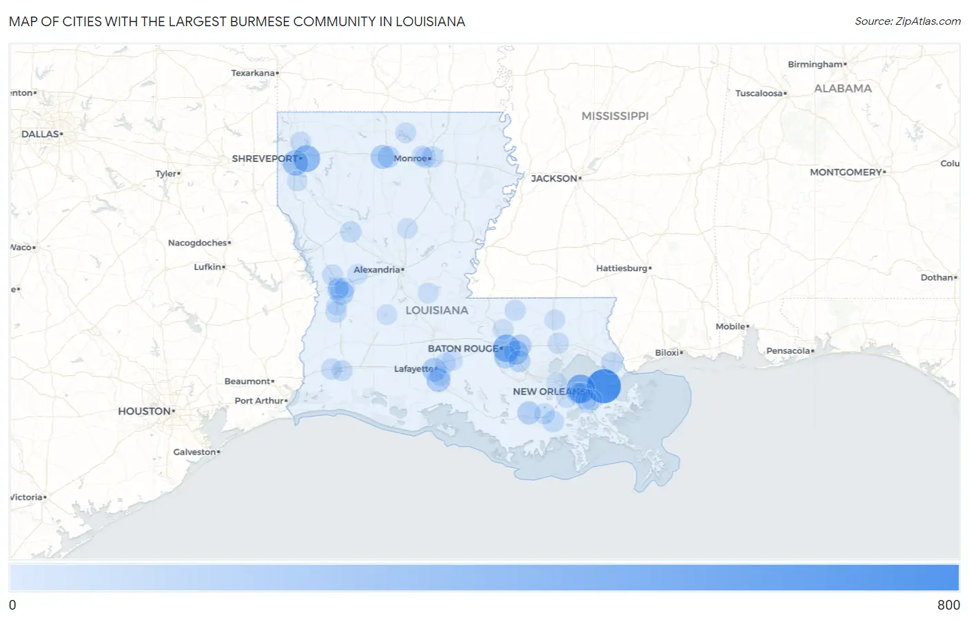 Cities with the Largest Burmese Community in Louisiana Map