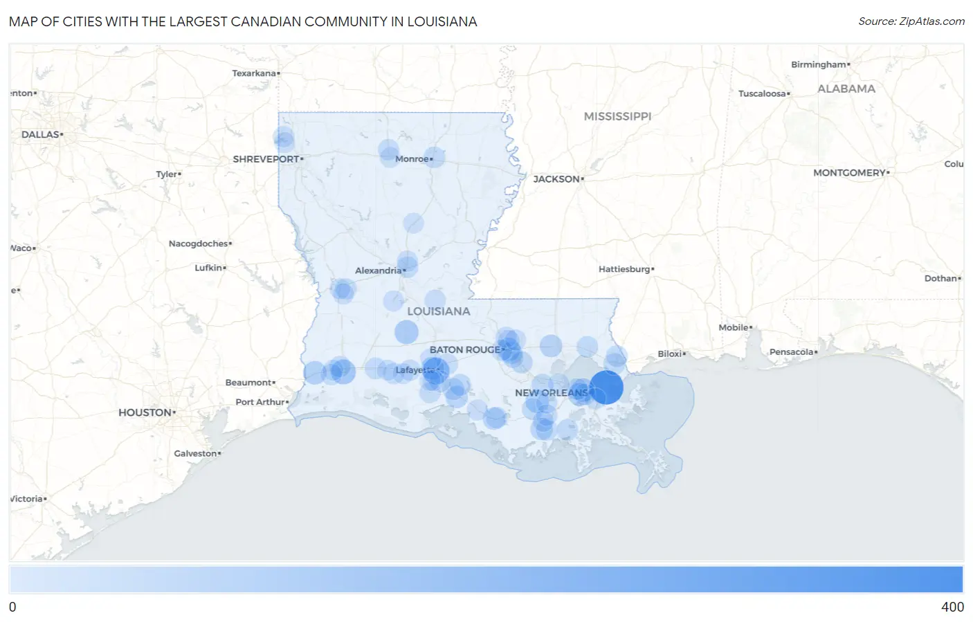 Cities with the Largest Canadian Community in Louisiana Map