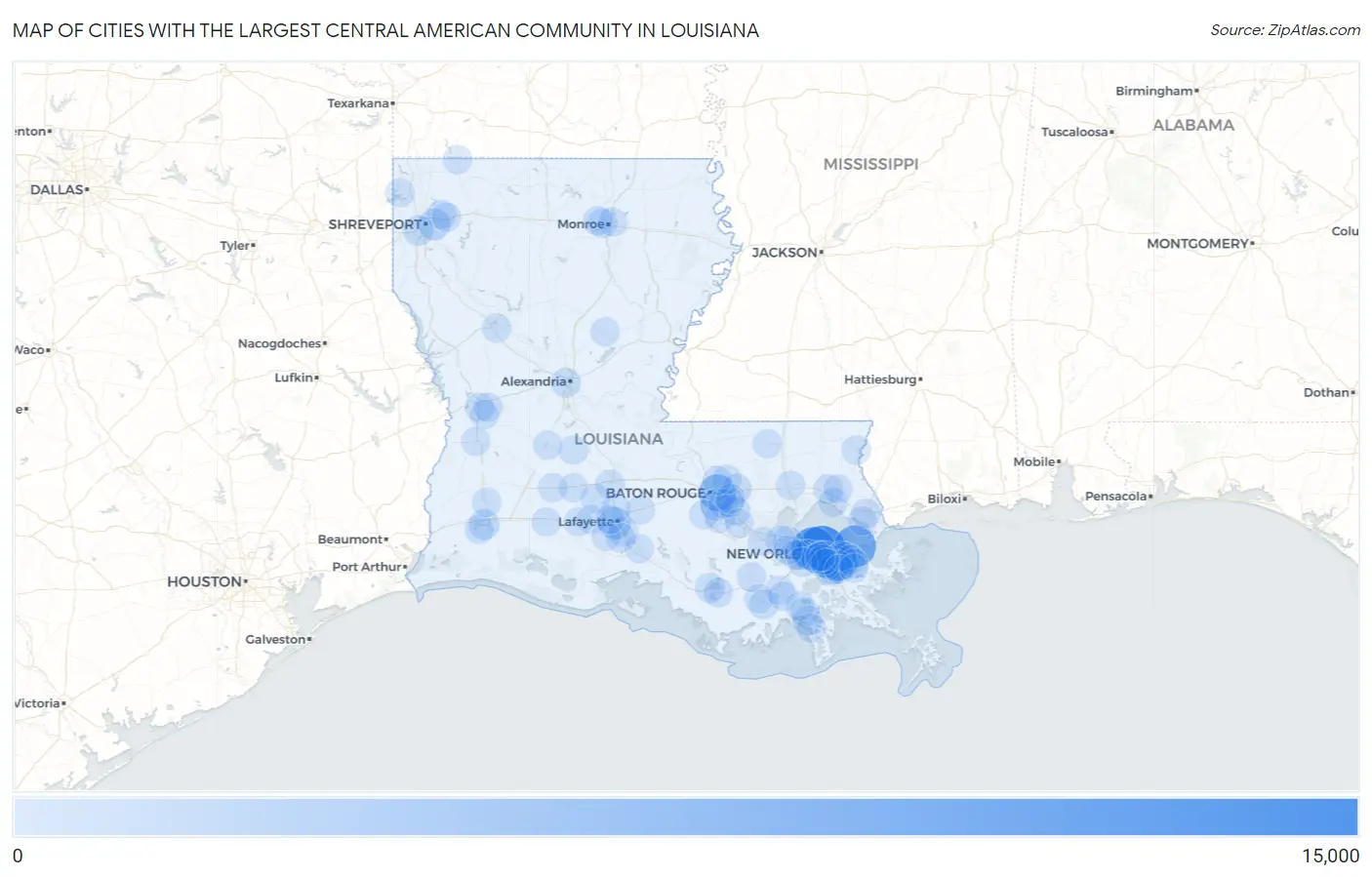 Cities with the Largest Central American Community in Louisiana Map