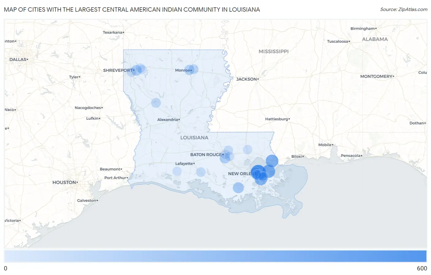 Cities with the Largest Central American Indian Community in Louisiana Map