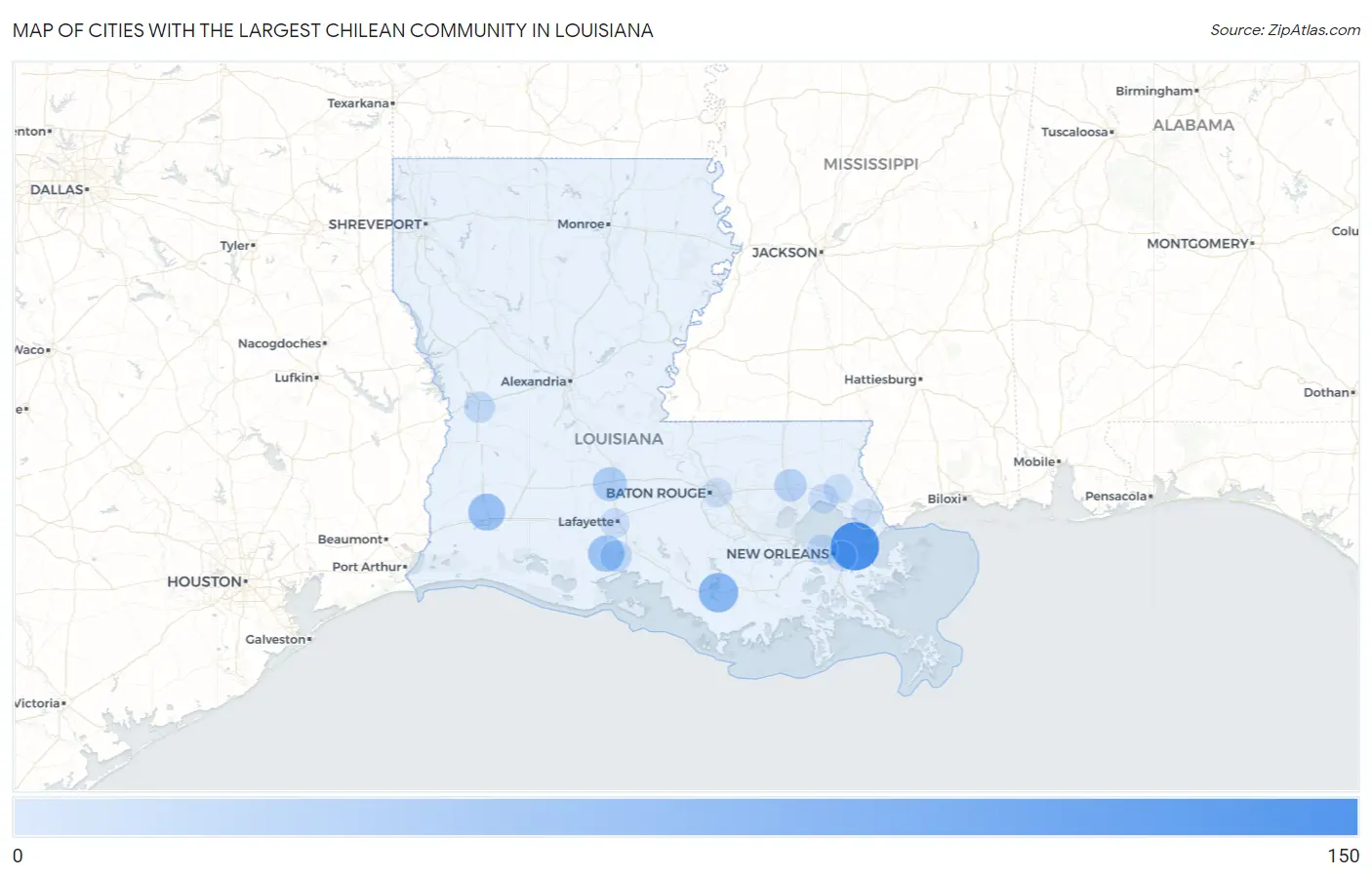Cities with the Largest Chilean Community in Louisiana Map