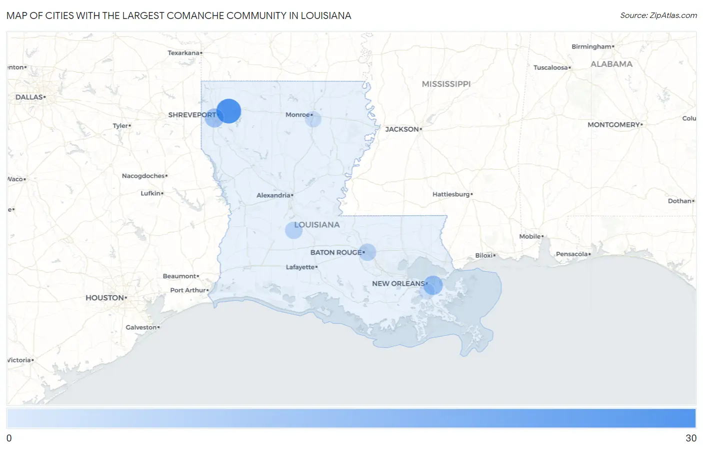 Cities with the Largest Comanche Community in Louisiana Map