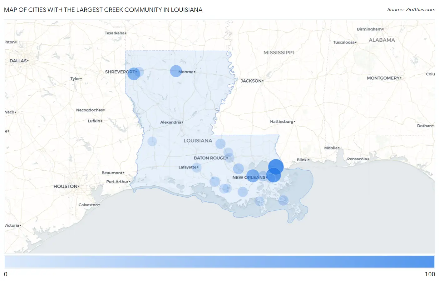 Cities with the Largest Creek Community in Louisiana Map