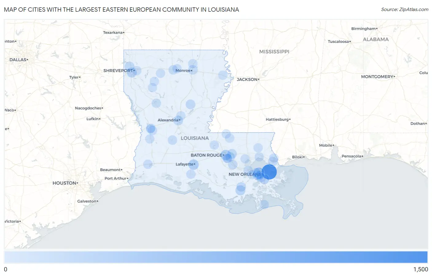 Cities with the Largest Eastern European Community in Louisiana Map