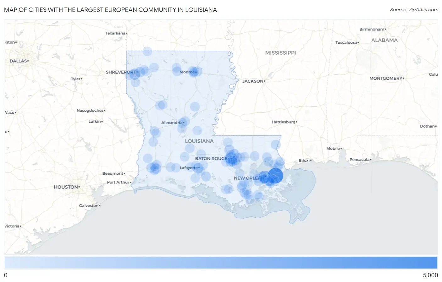 Cities with the Largest European Community in Louisiana Map